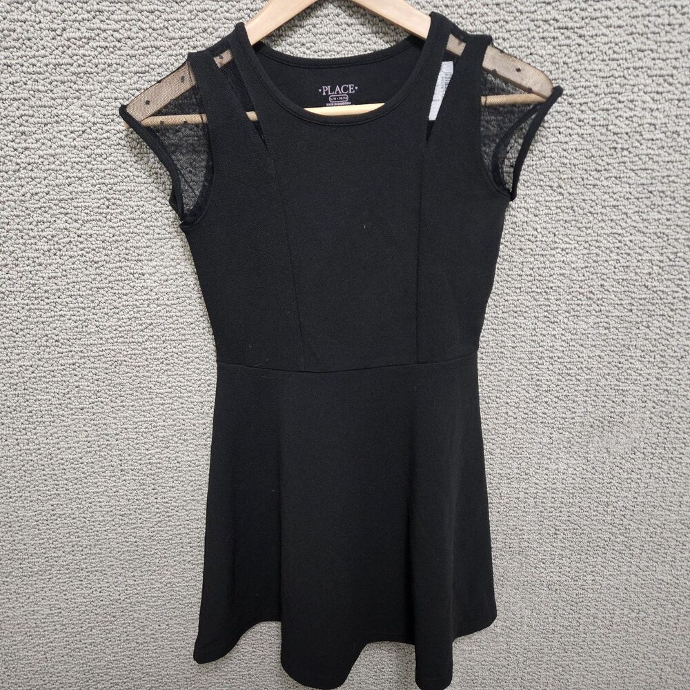 NWT CHILDREN’S PLACE Girls Black Fit Flare Dress Mesh Cap Sleeve Size L 10/12